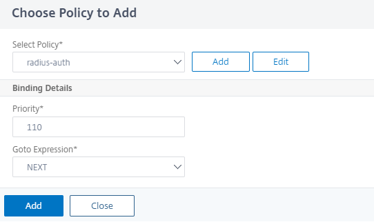 Click add to select a policy for RADIUS authentication