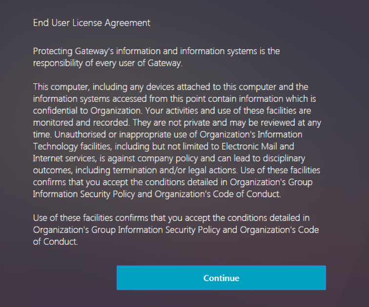 EULA configured as a factor in virtual server