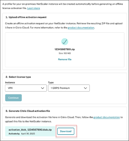 Download NetScaler offline activation request file