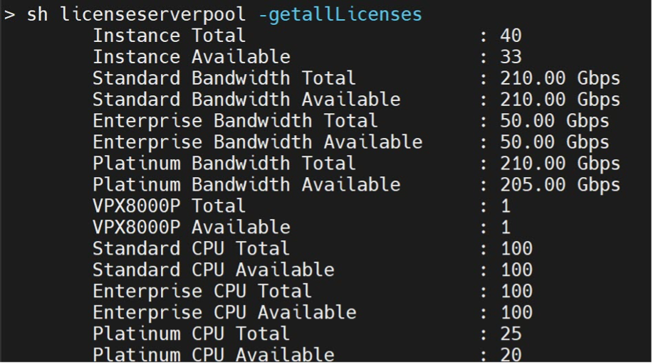 show ns licenseserverpool -getallLicenses command output