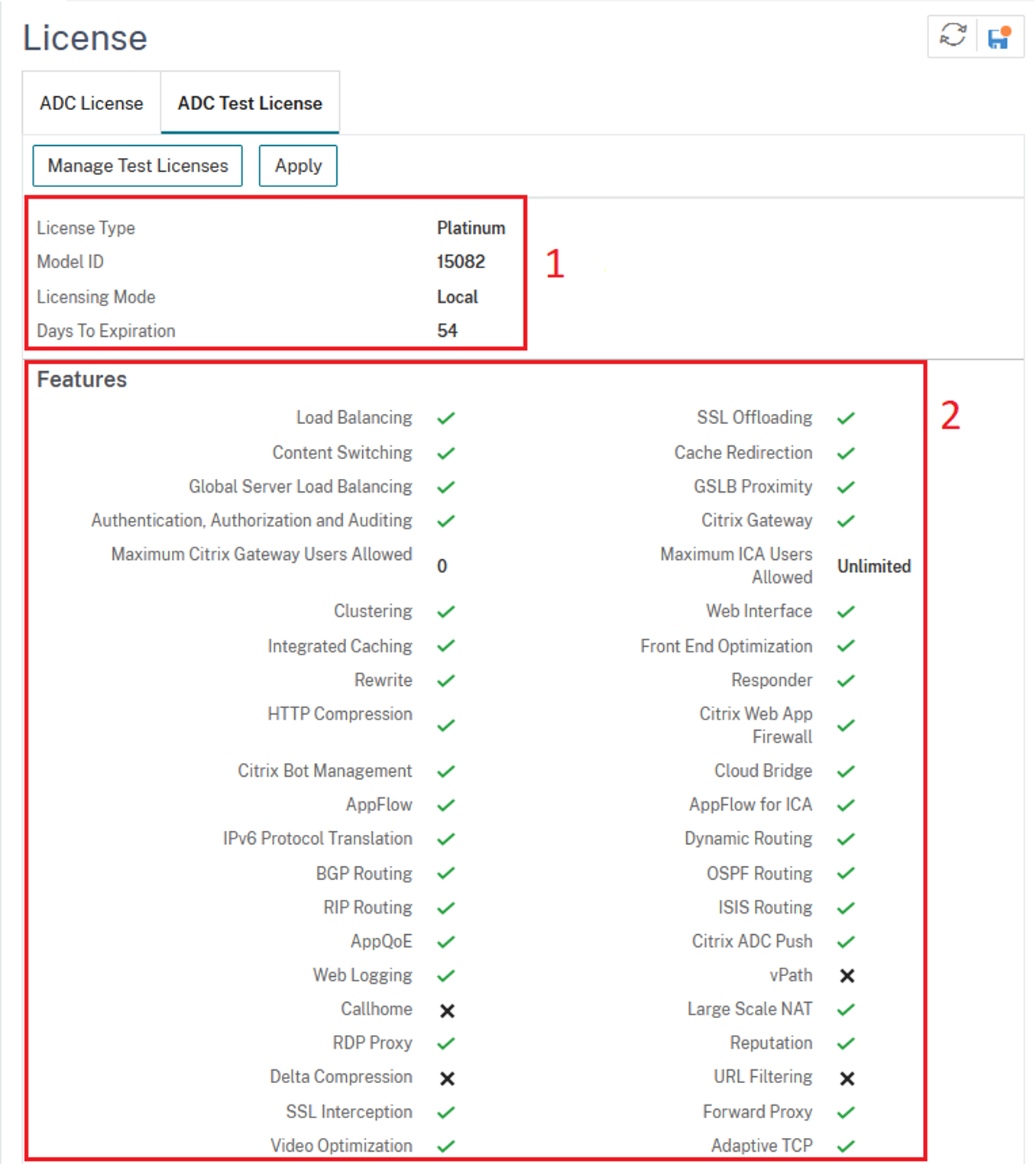Show test license output