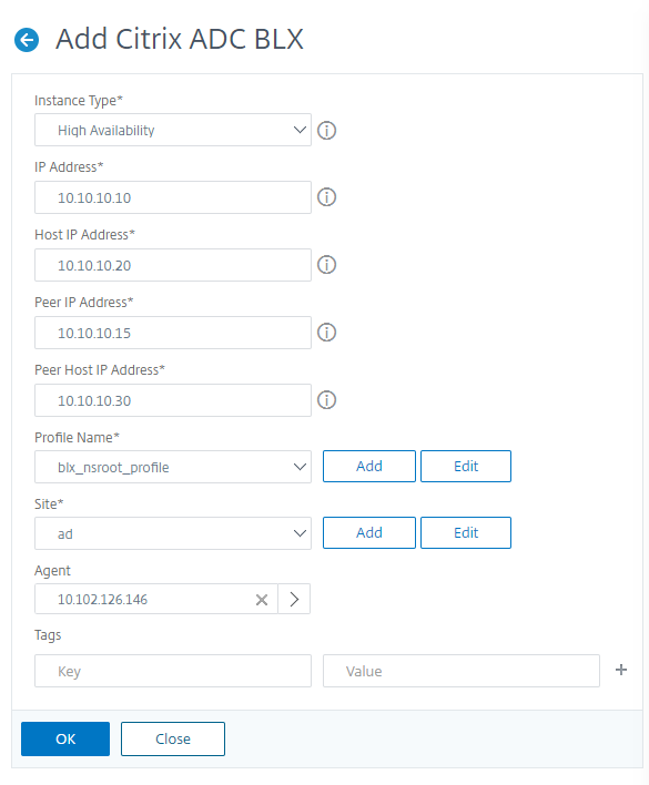 将 NetScaler BLX 高可用性实例添加到 NetScaler ADM