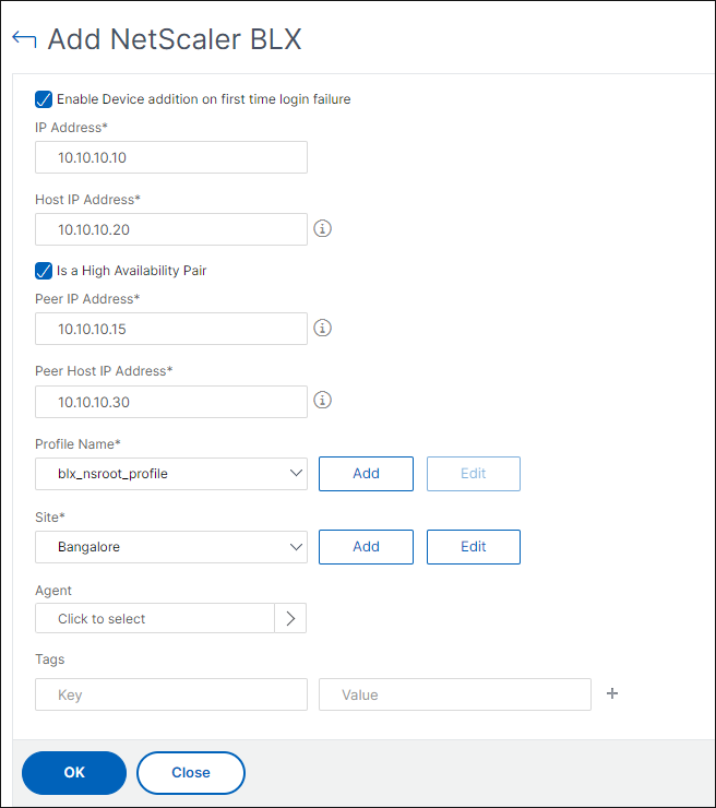 Add NetScaler BLX high-availability instances to NetScaler Console
