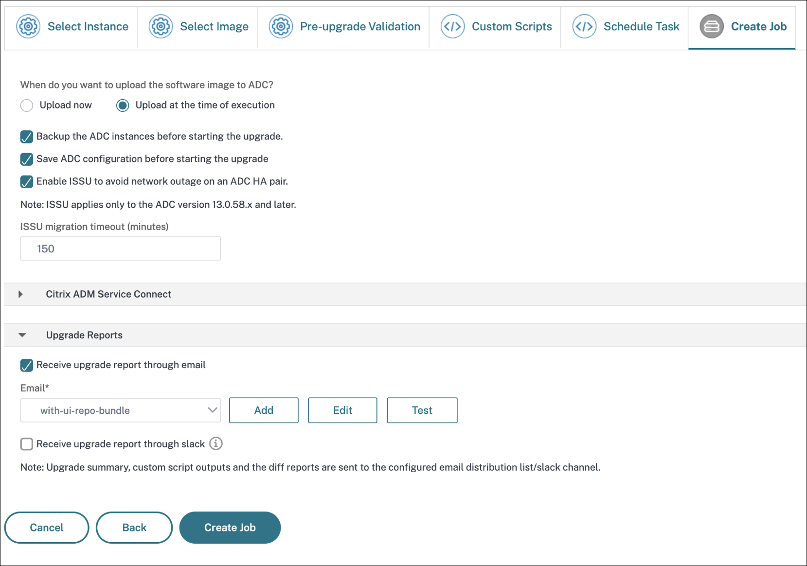 Create upgrade job and upload image to ADC