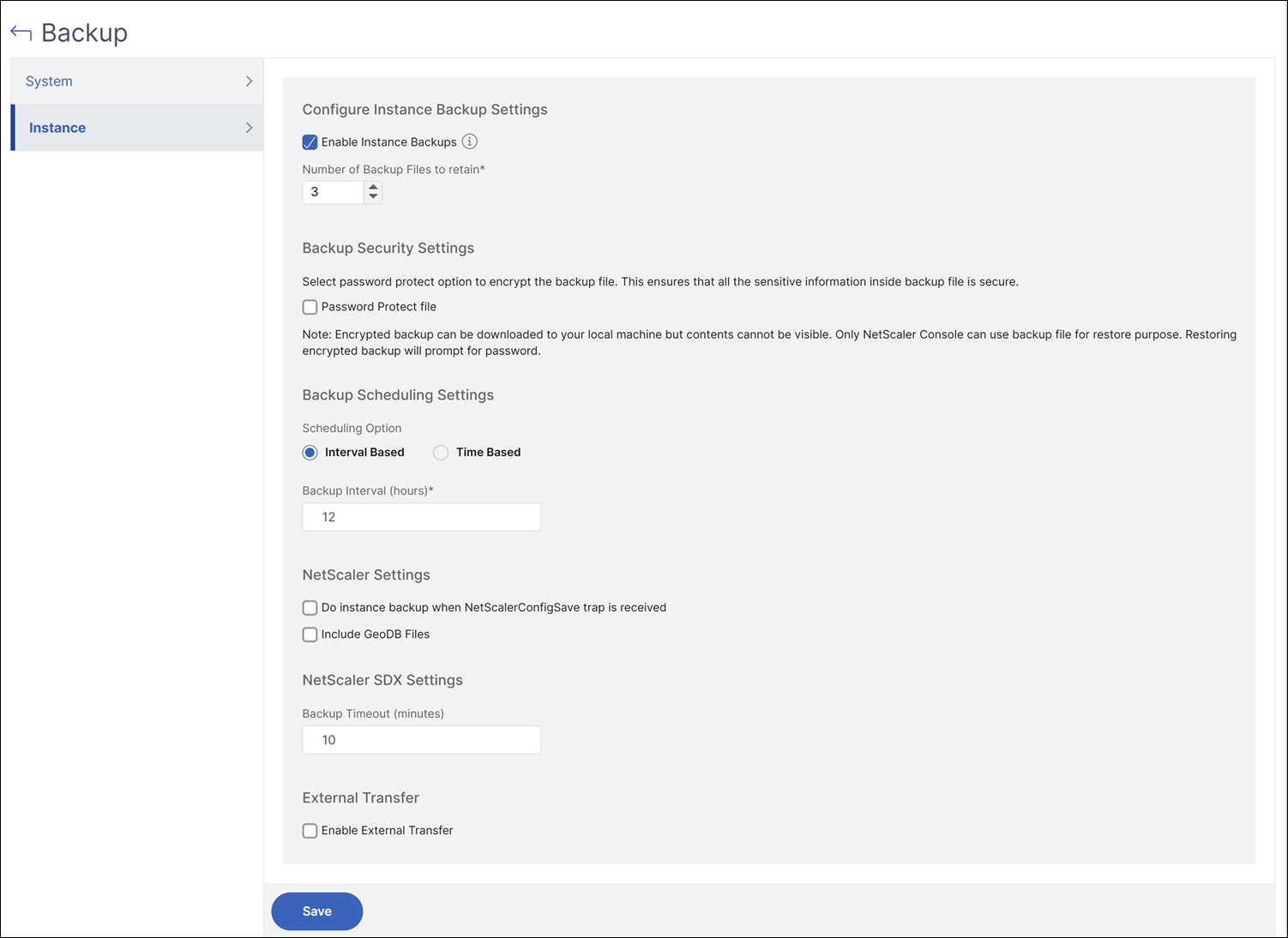 Specify instance backup