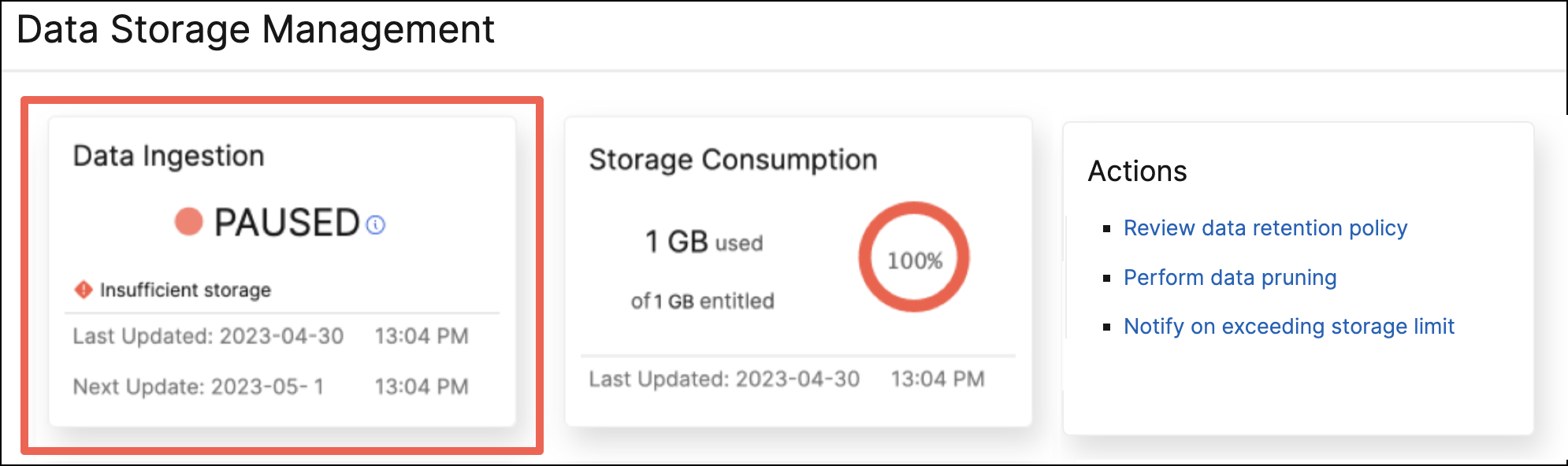 Data storage dashboard