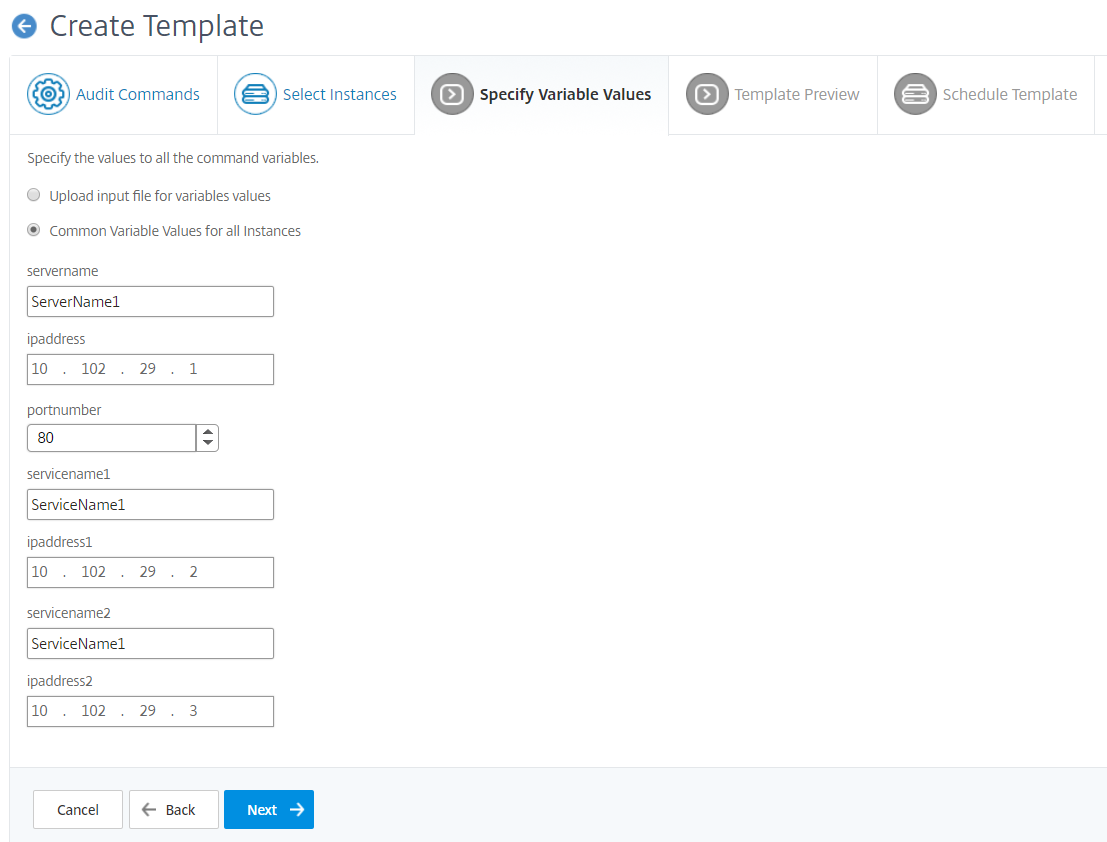 Specify the template variables