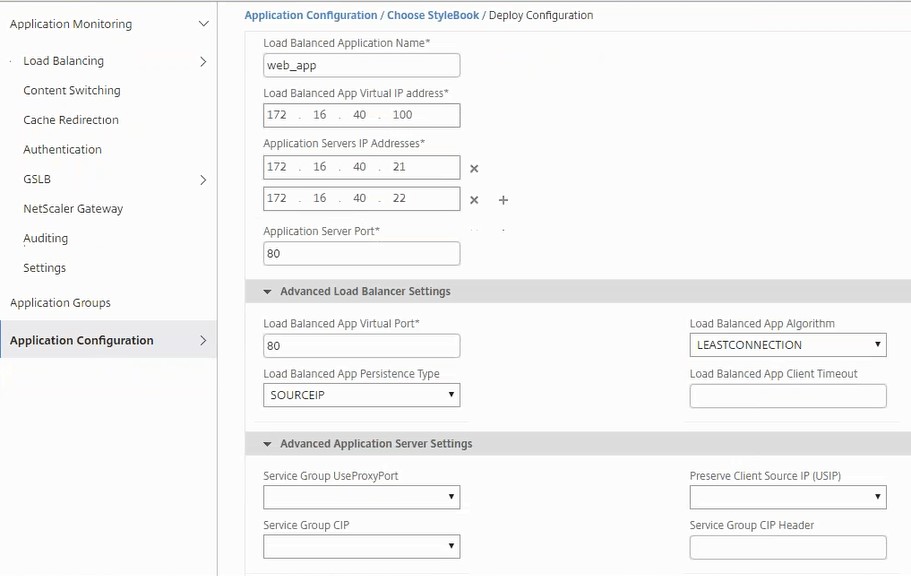 Specify the Load Balancer parameters