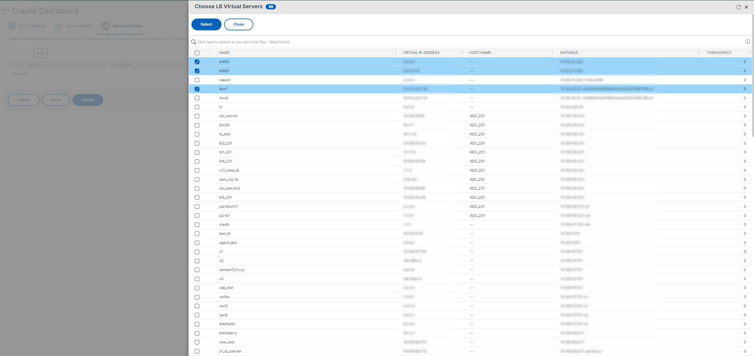 Select network entities