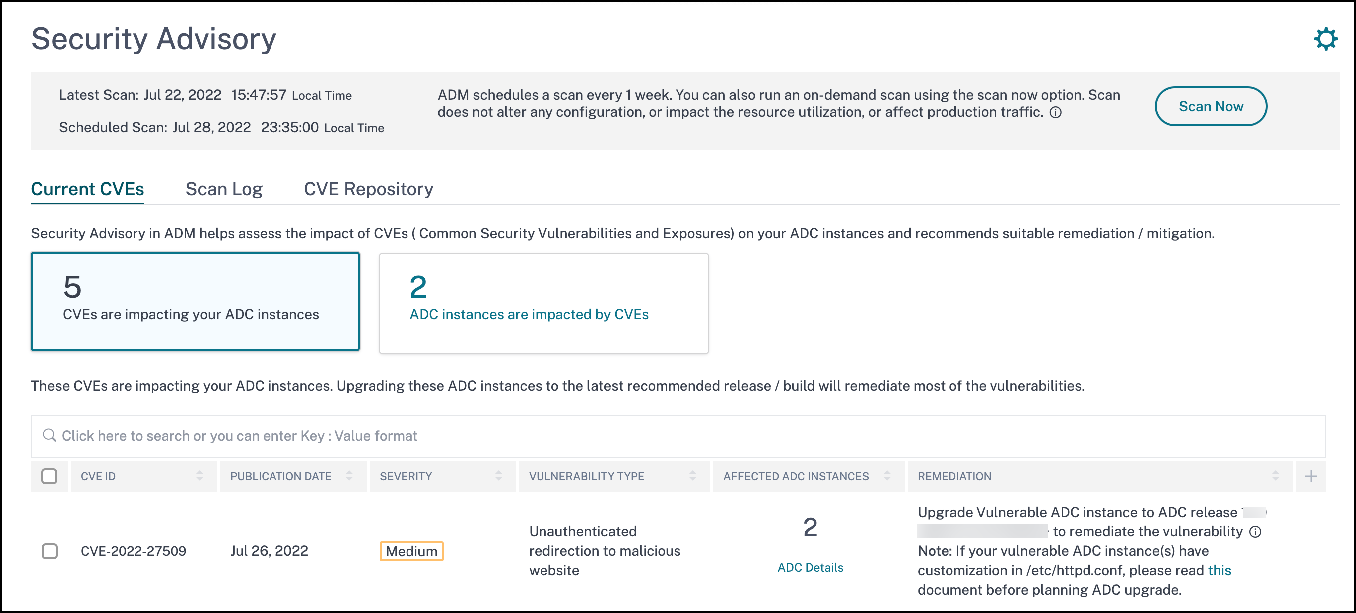 Tableau de bord des avis de sécurité pour CVE-2022-27509