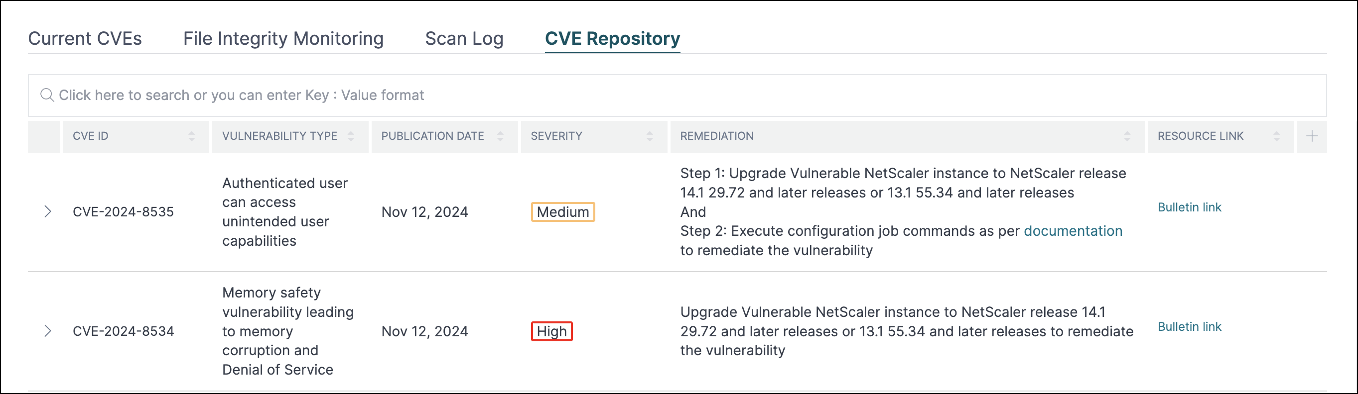 CVE-2024-8535 的安全通告仪表板