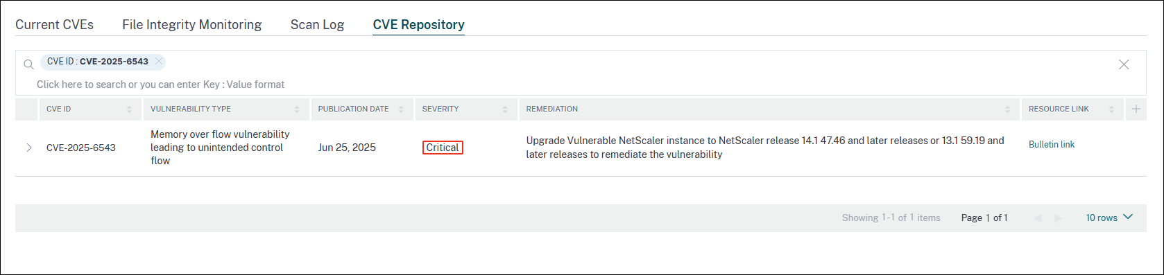Security advisory dashboard for CVE-2025-6543