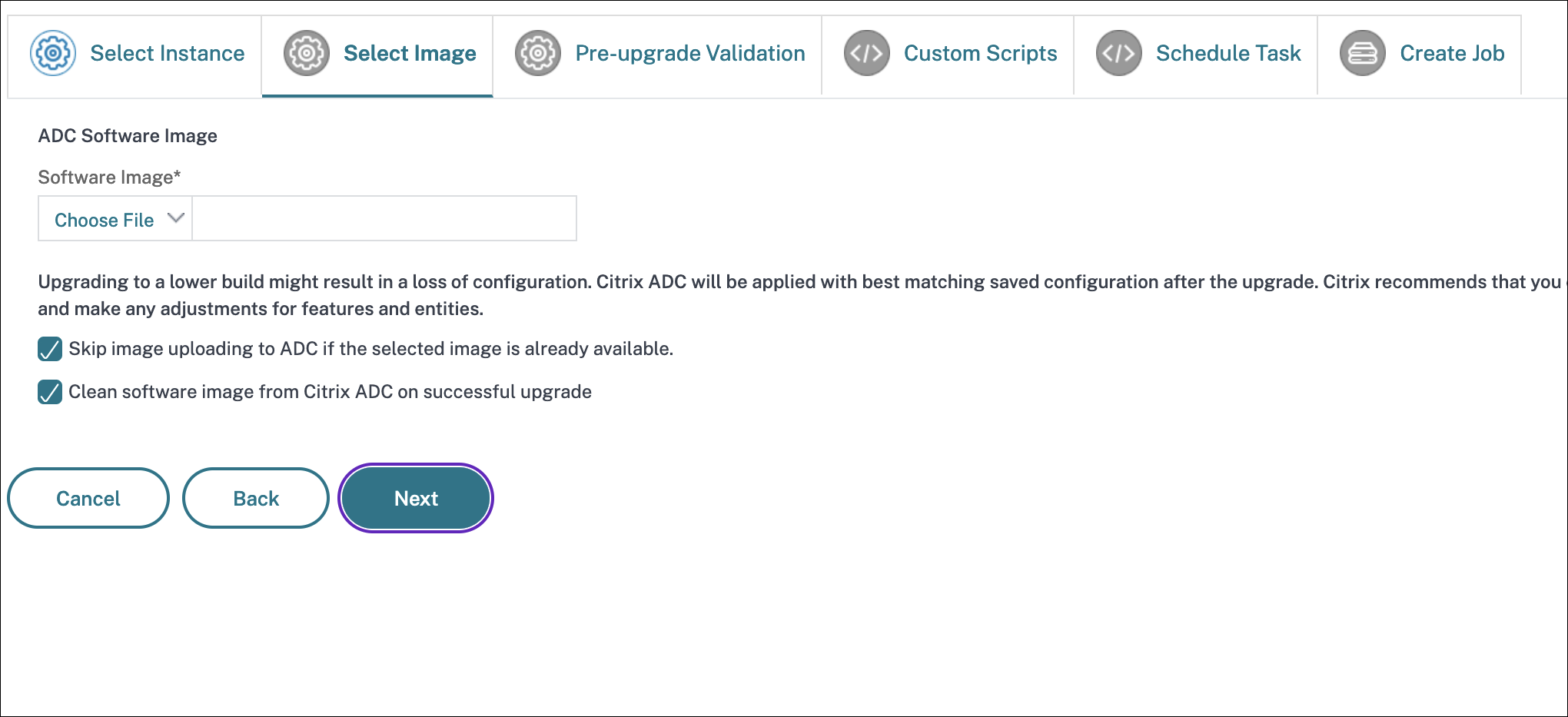 Select images to upgrade maintenance job