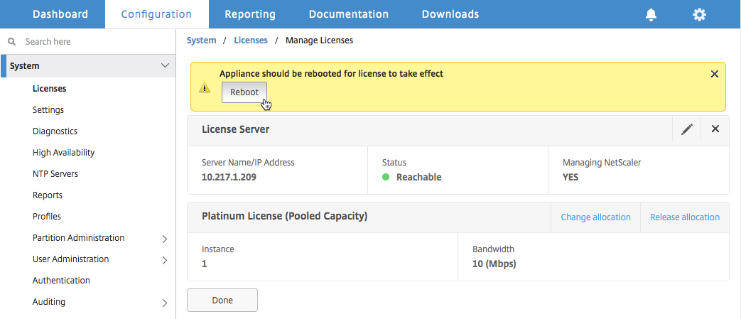 Reboot the NetScaler instance