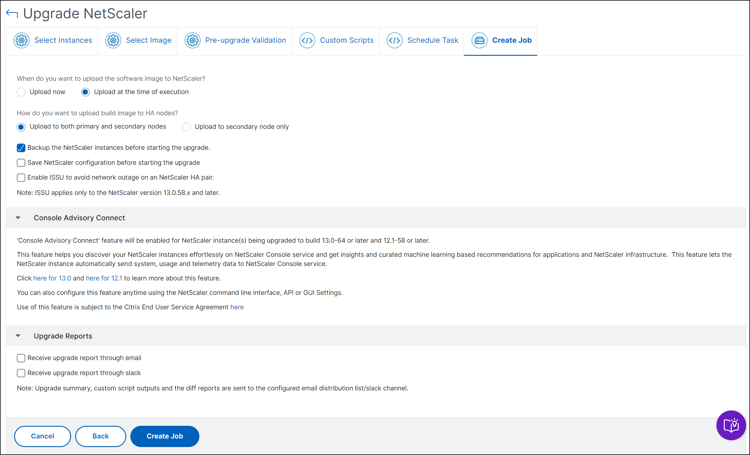 Create upgrade job and upload image to NetScaler