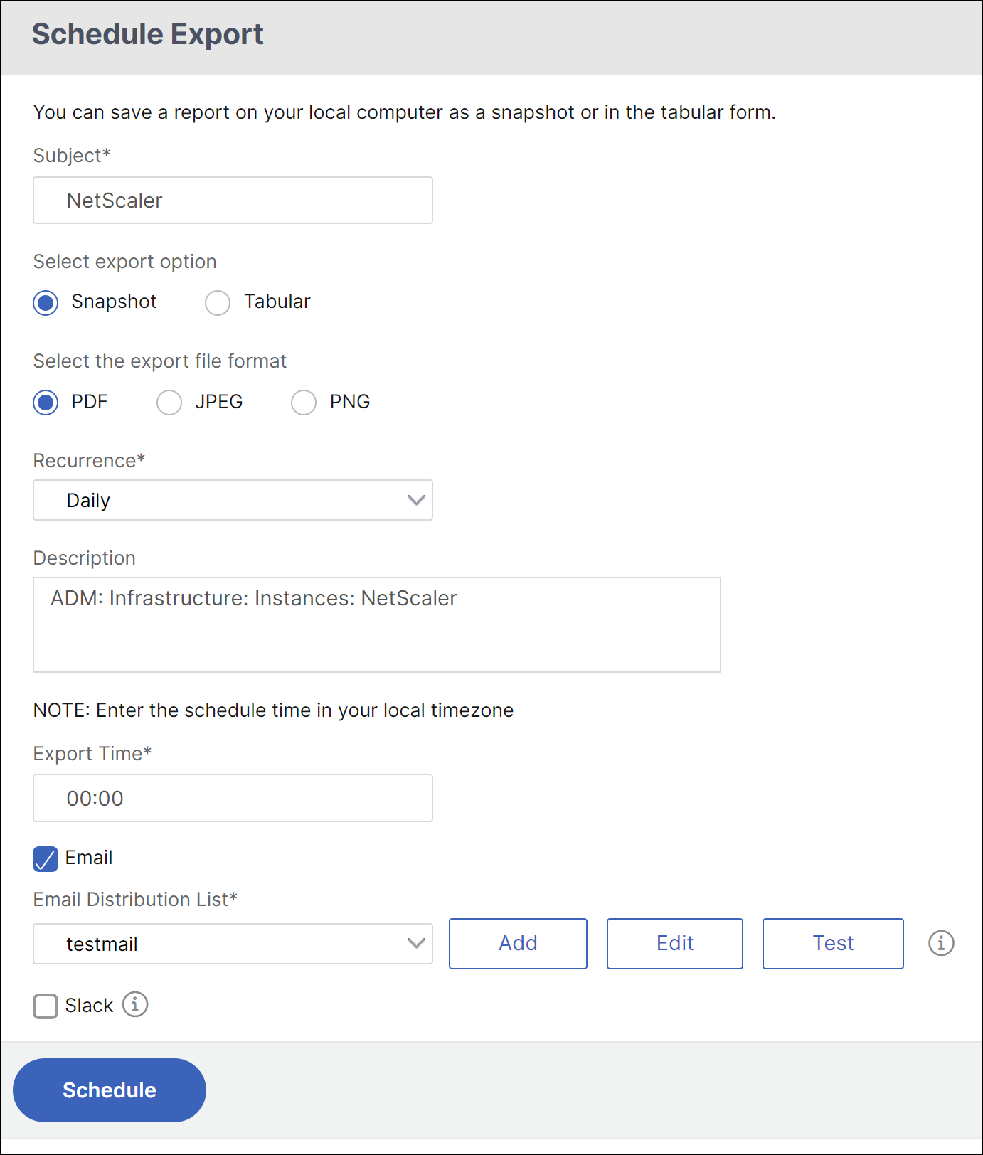 Schedule export NetScaler Console reports