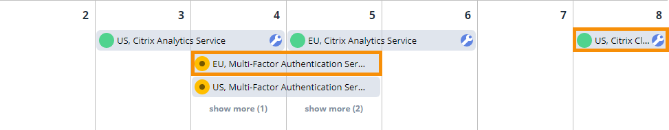 Service health calendar view with entries highlighted