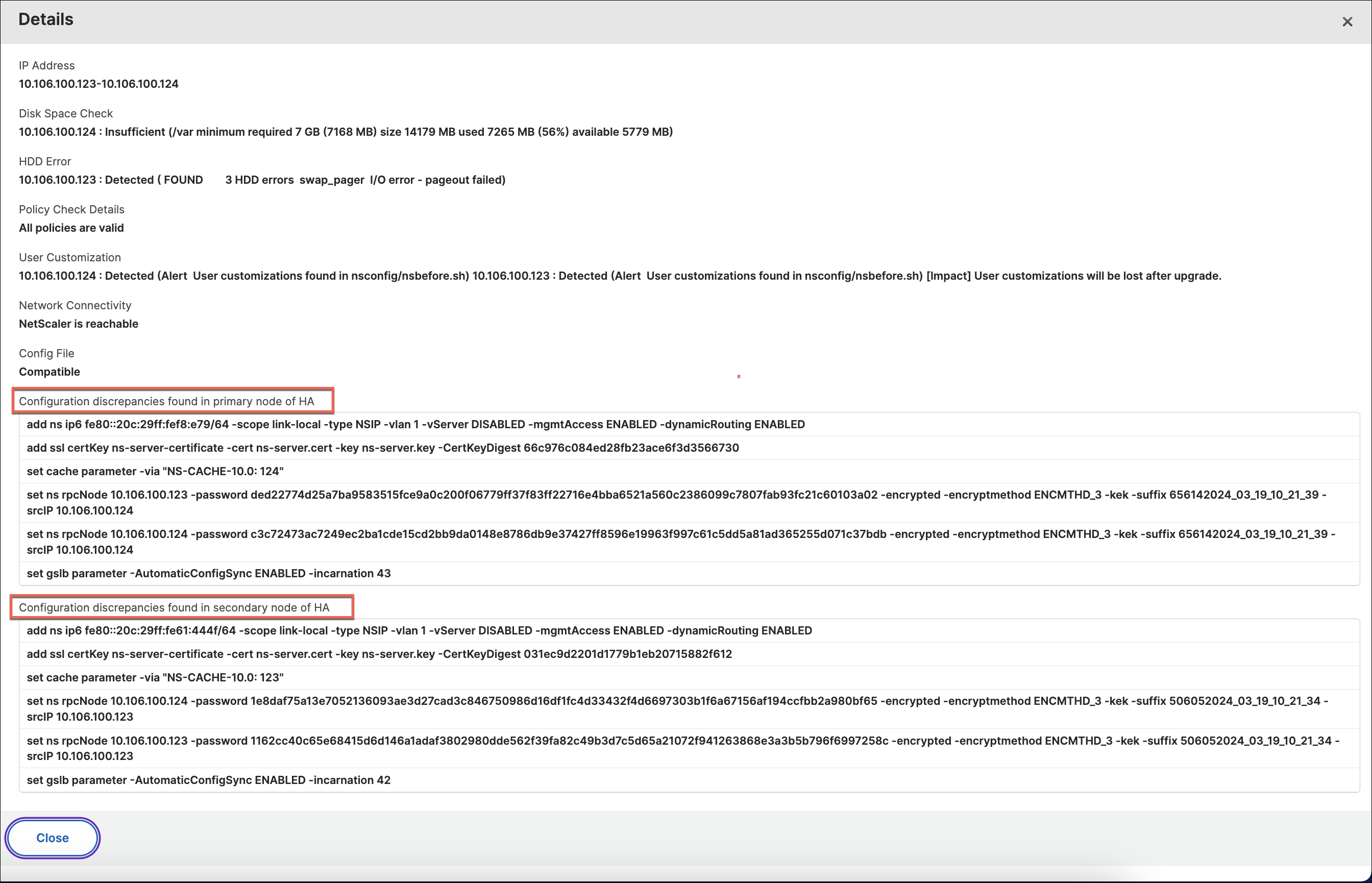 Pre-upgrade config diff report