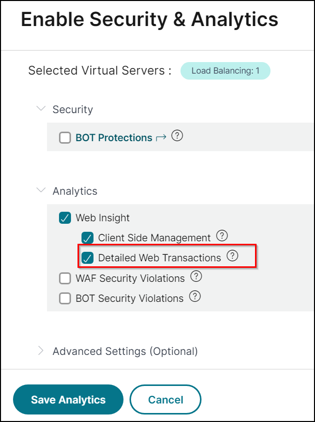Web transaction analytics selection