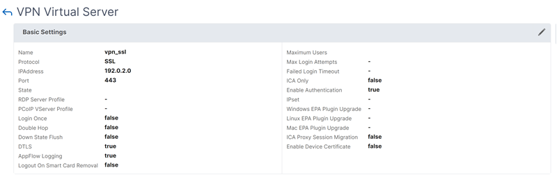 VPN virtual server page