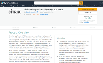 NetScaler Web 应用防火墙 (Web 应用防火墙) 的 AWS Marketplace 页面