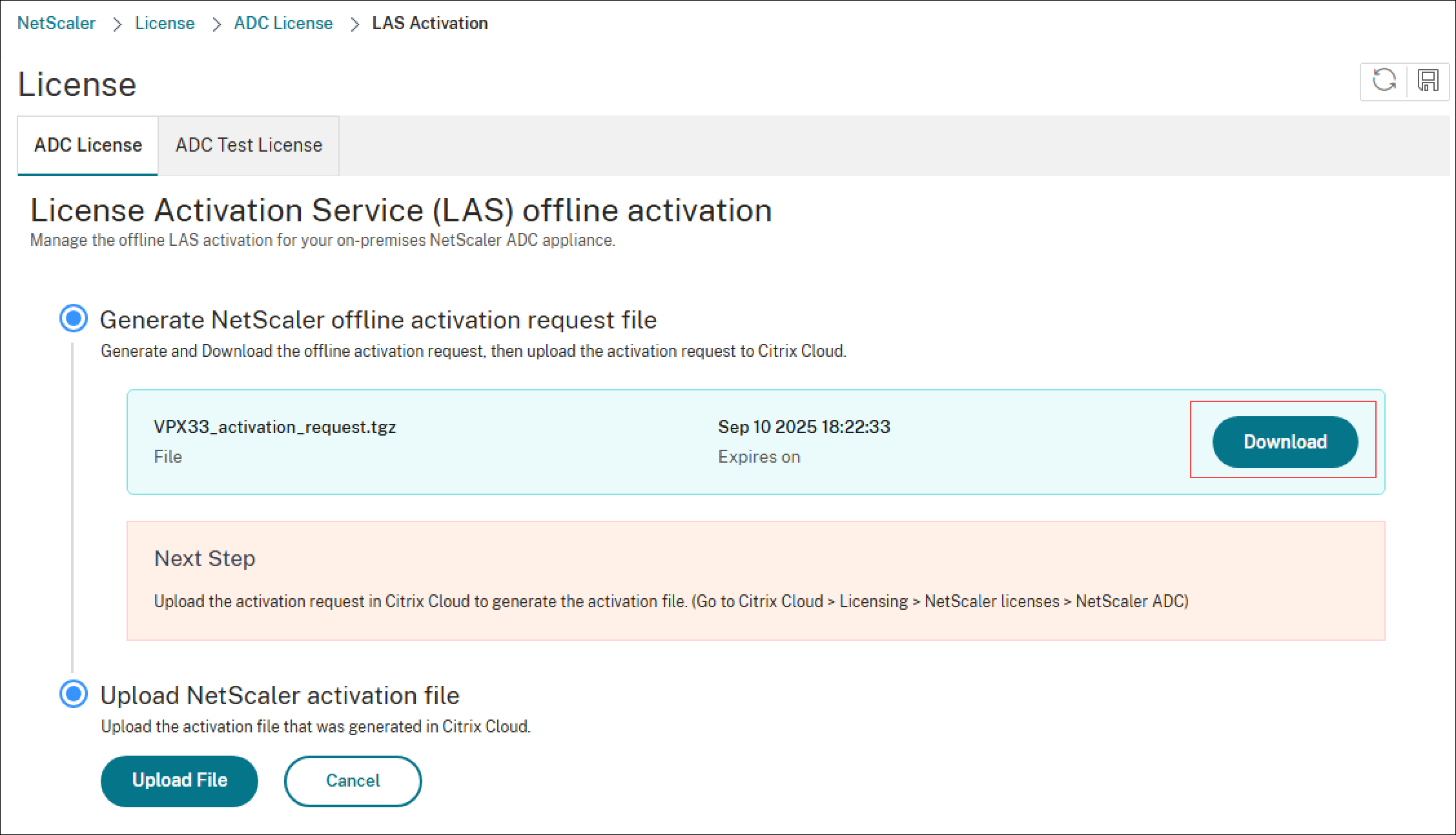 Download NetScaler offline activation request file