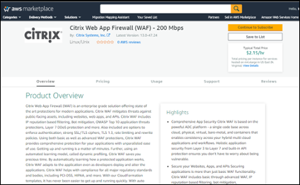 Page AWS Marketplace pour un pare-feu NetScaler Web App Firewall (Web App Firewall)