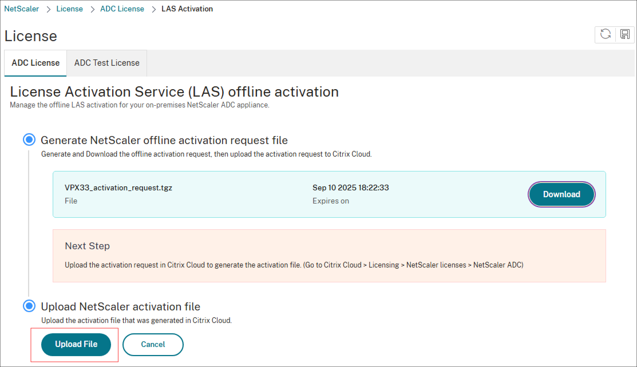 Upload activation request file