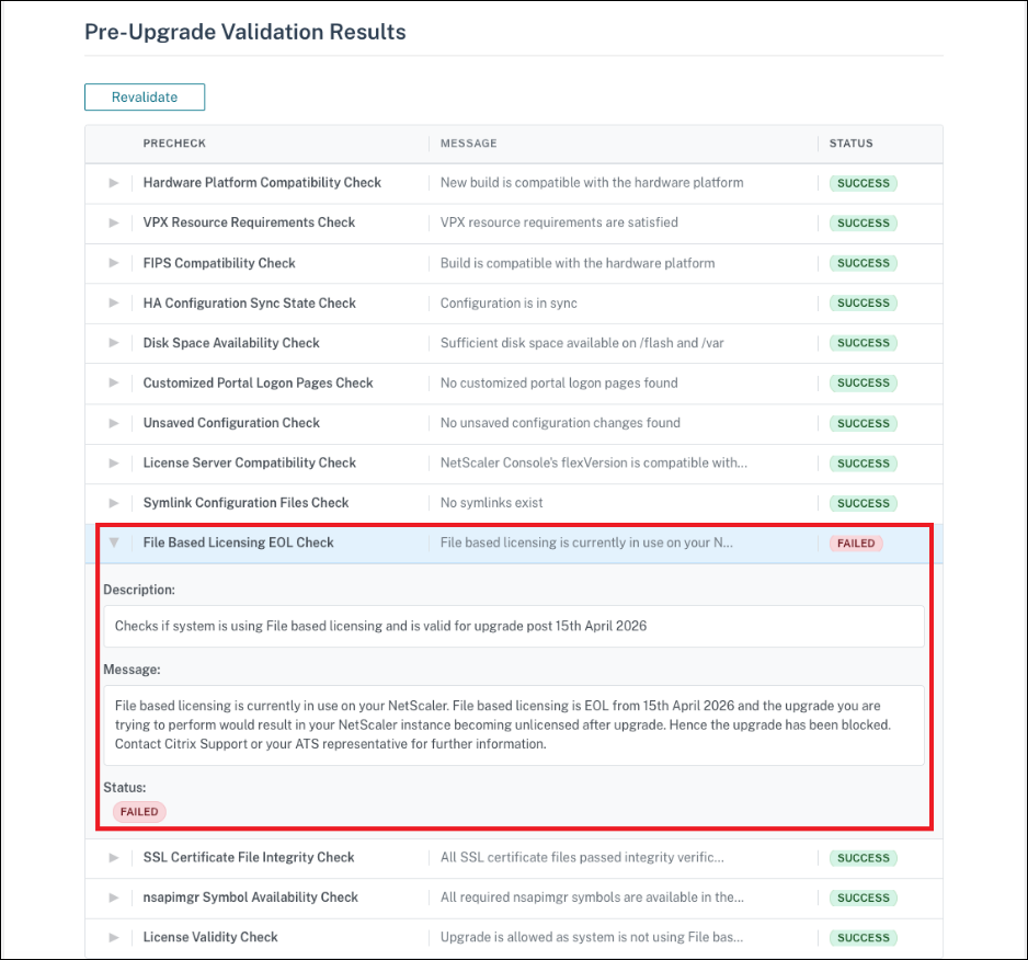 Pre-upgrade validation results