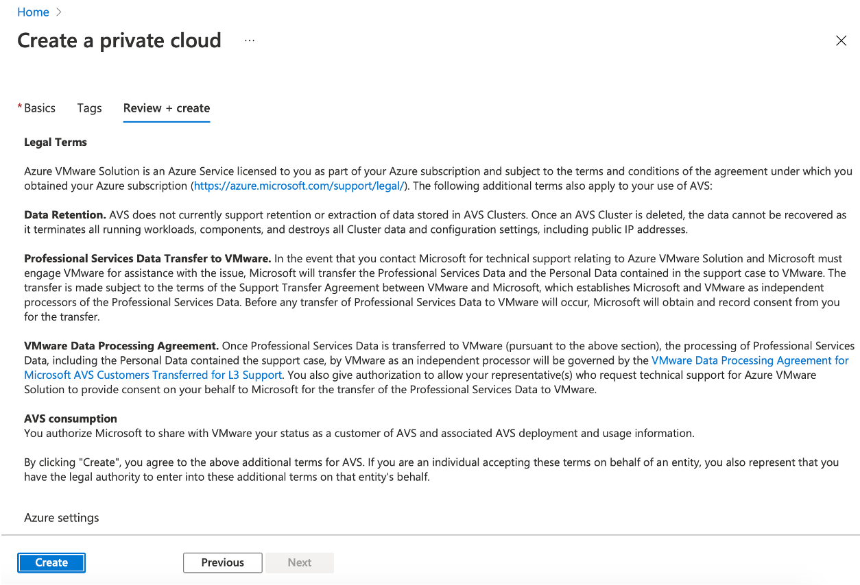 Review private cloud settings