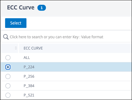 Sélectionnez la valeur de la courbe ECC