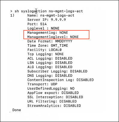 显示 syslogaction 命令输出