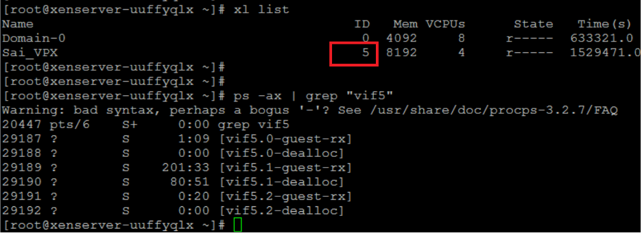 Output of the xl list command