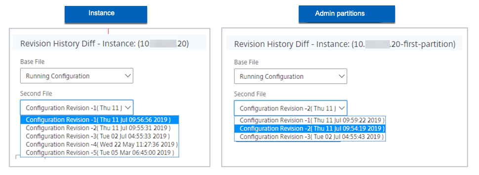 Admin partition and instance revision history difference