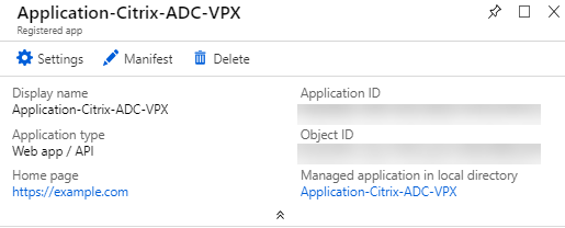 The registered application in Microsoft Azure for NetScaler VPX