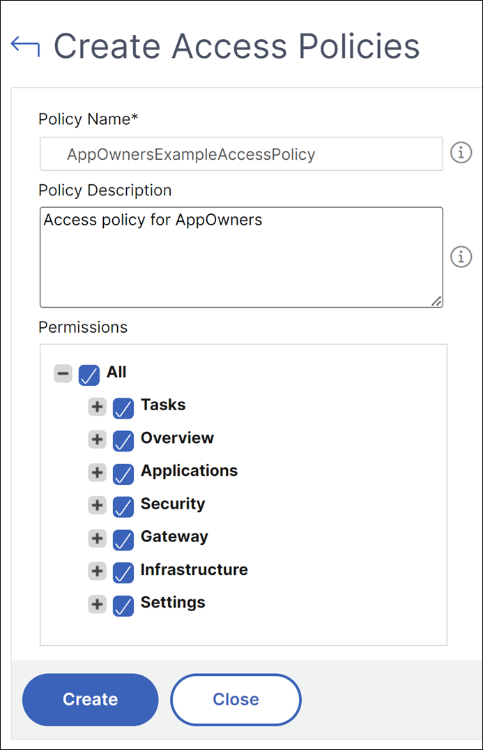 Create an access policy for Dashboard, Configuration, Instances, License Management, and DNS Domain Names