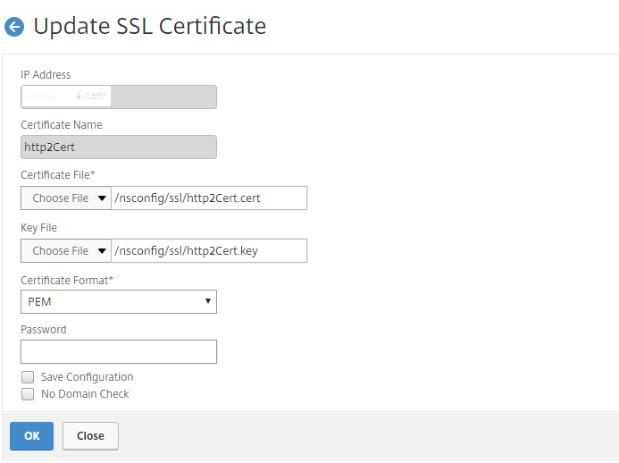 Página Actualizar certificado SSL