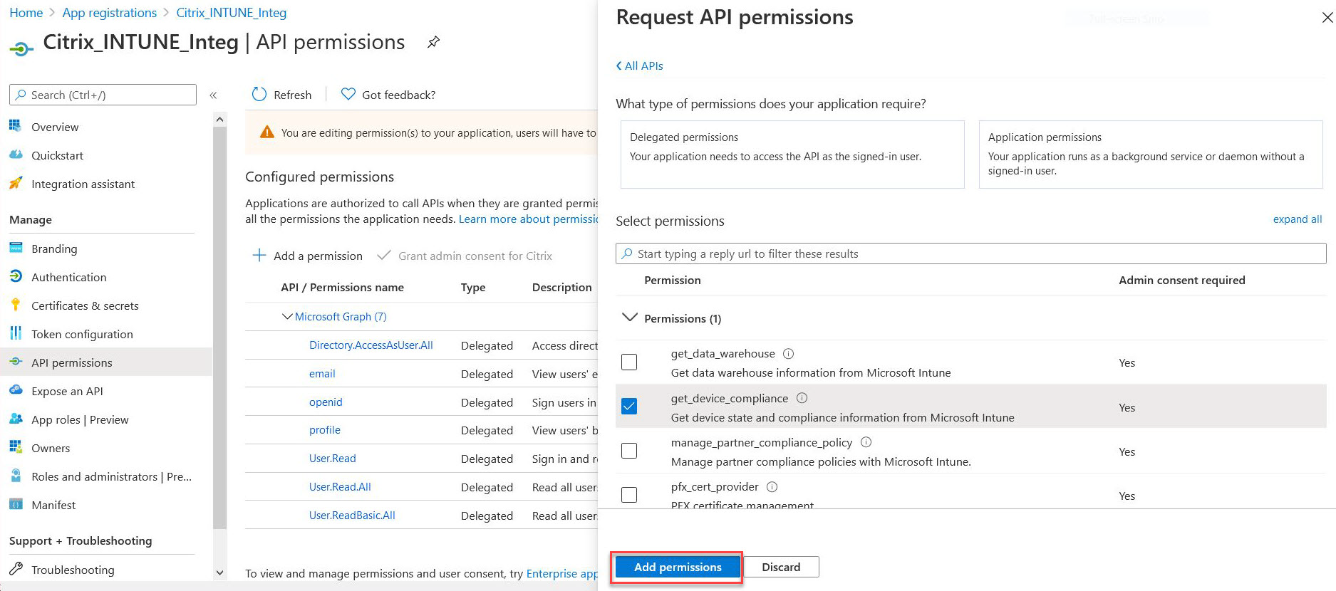 API permissions get device