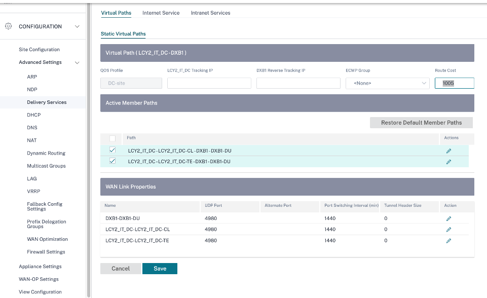 Virtual path route cost