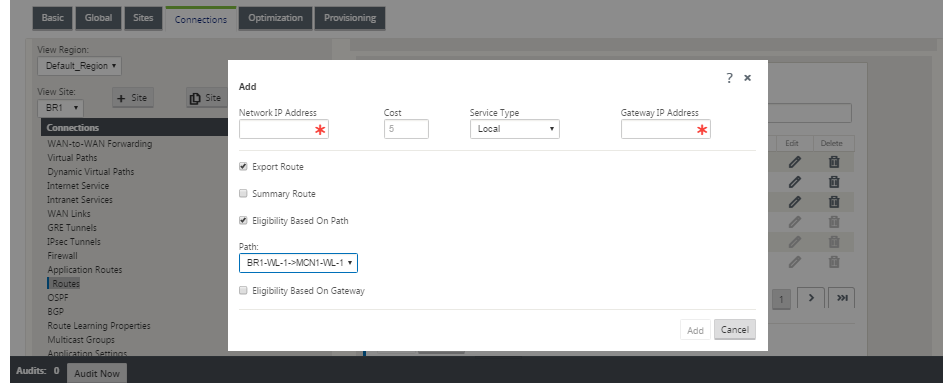 Add routes branch site SD-WAN relay routing