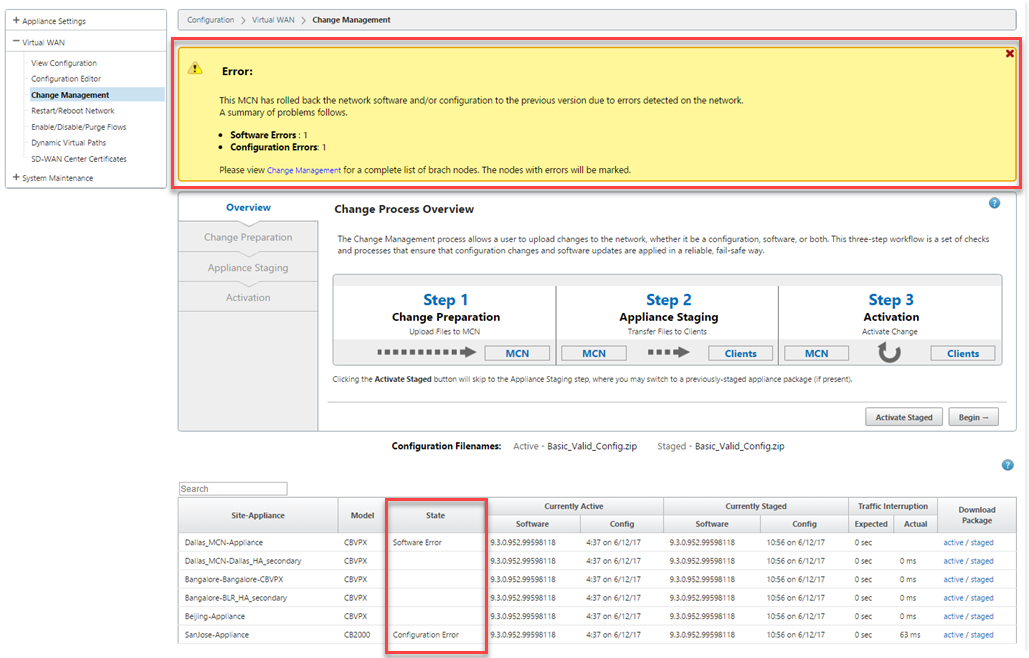 Configure rollback error summary