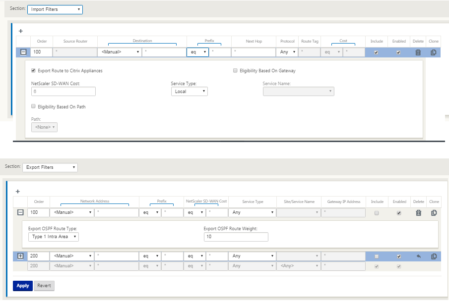 Import export filters BGP OSPF