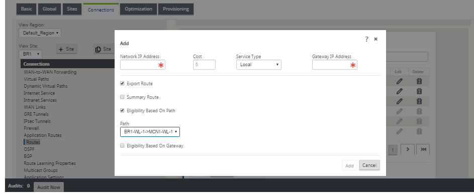 ルートの追加ブランチサイト SD-WAN リレールーティング