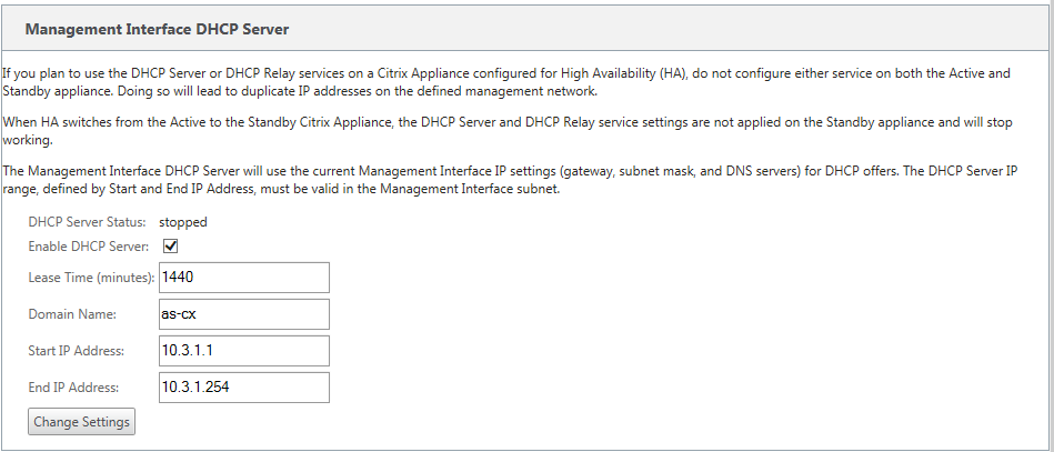 DHCP appliance settings DHCP server