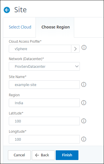 Create a site for instance provisioning in VMware