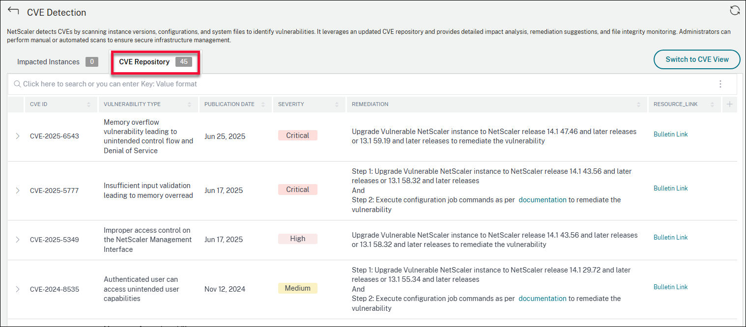 CVE repository tab