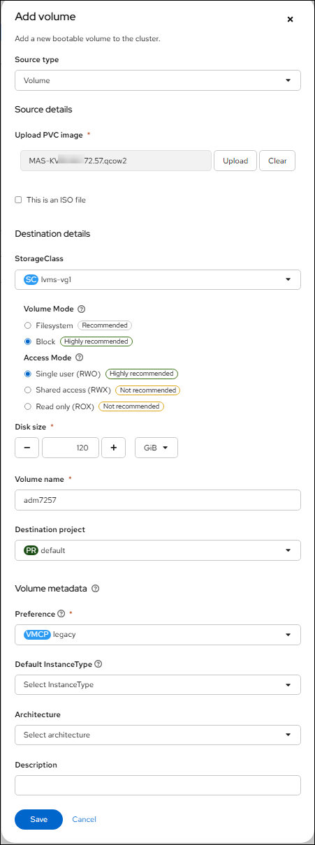 Upload the image to the RHOCPV bootable volume