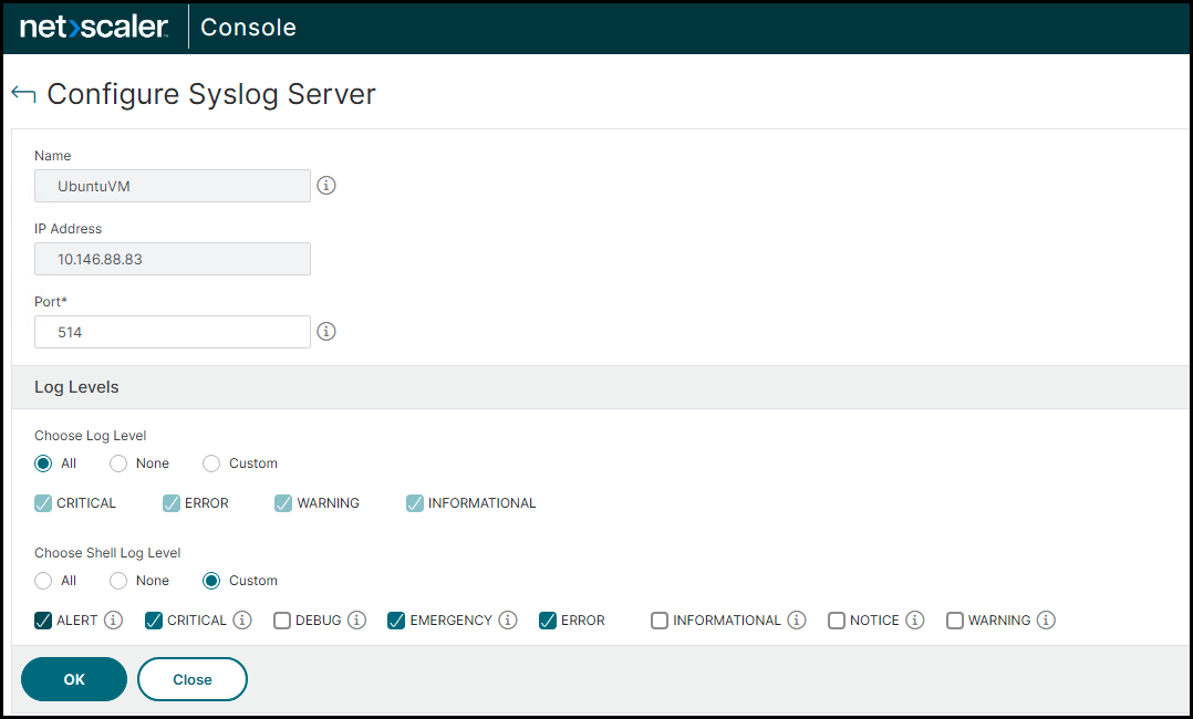 Configuring an external syslog server