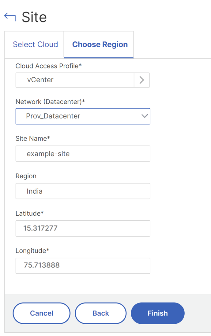 Create a site for instance provisioning in VMware