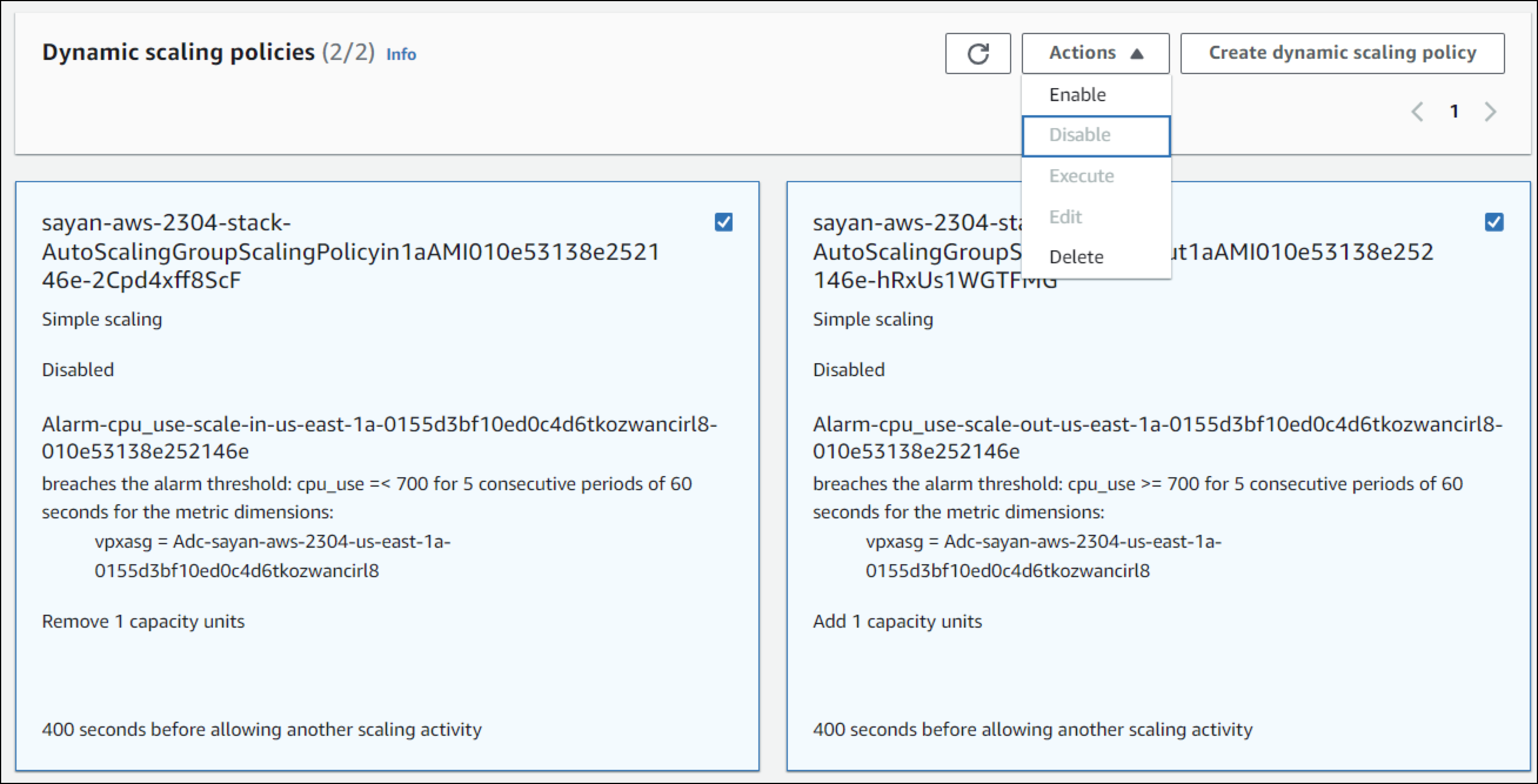 Disable dynamic scaling in AWS